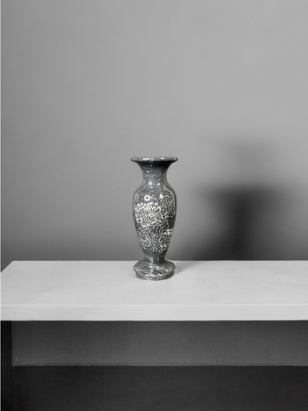 Vintage hand-carved black marble small vase. 8”